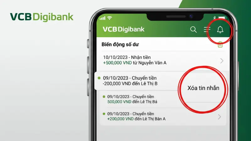 Thao tác ẩn vĩnh viễn các tin nhắn thông báo nhận hoặc chuyển tiền ngay bên trong ứng dụng VCB Digibank.